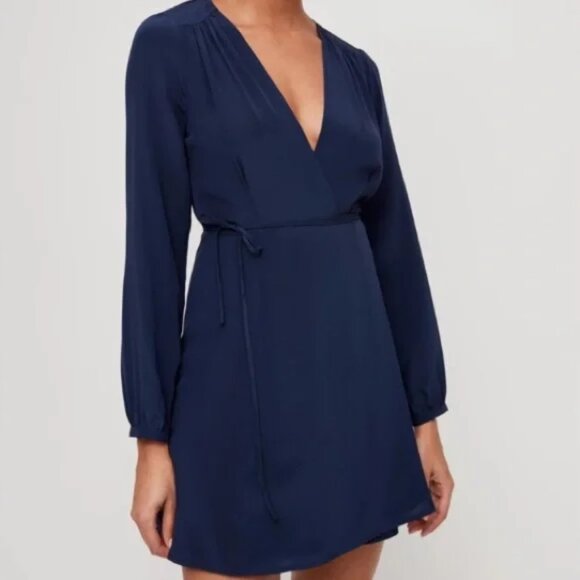 Aritzia Wilfred Silk Diane Wrap Mini Dress Long Sleeve Navy Blue Size Small - Picture 3 of 9